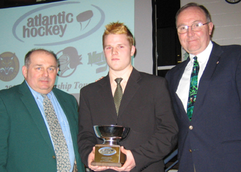 Atlantic Hockey Commissioner Bob DeGregorio, Atlantic Hockey Rookie of the Year Ben Cottreau, and Quinnipiac Athletic Director Jack McDonald