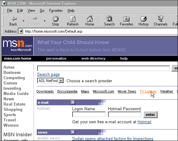 Demonstration of making MS IE4 home page setting